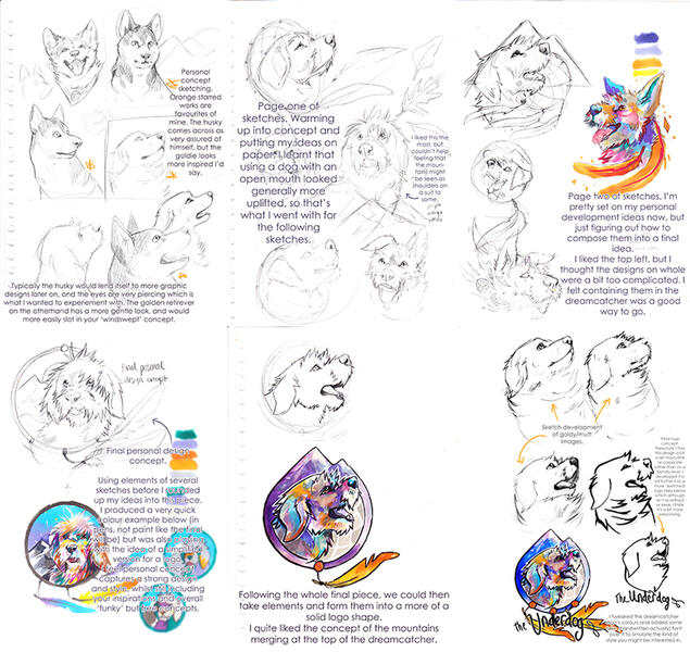 A sketchpage development of a dreamcatcher and dog logo/design. The sheet shows the progression through numerous concepts to a finalised image.