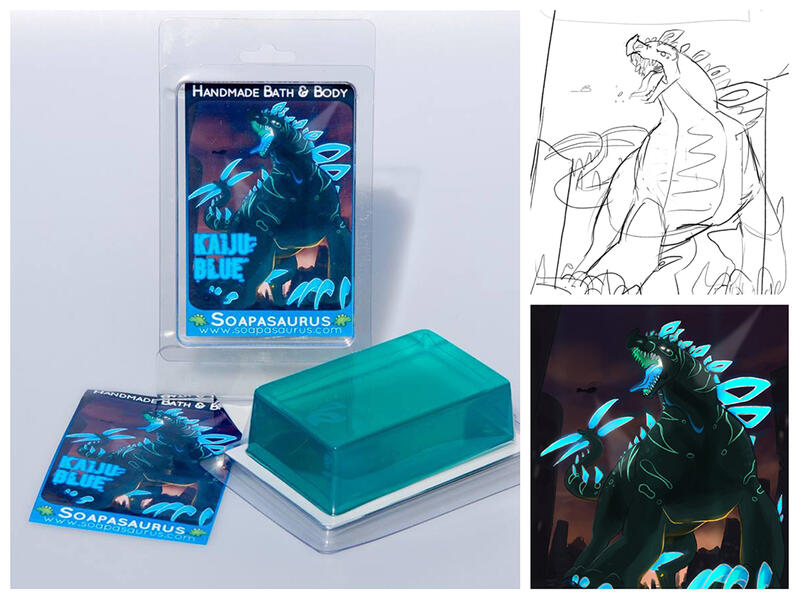 A huge Kaiju monster towering over a city, with bright blue spikes over their body. Design for a soap box.