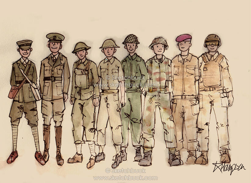A historical lineup of British military uniforms, commissioned by The Royal British Legion, used as a design for mugs, in a cartoony styling.