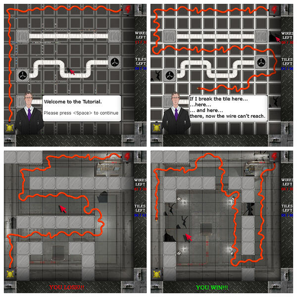 Clips from the game 'Stay of Execution', a procedural generated 'wire' game. The shots show elements from the game which Sketchbuck created, all the graphics of the game and the character design and illustration.