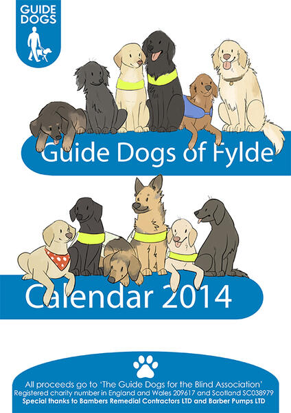 A cover illustration for a Guide Dogs of Fylde Calendar for 2014. Featuring 12 illustrated dogs, some with reflective harnesses, a mix of breeds such as golden retrievers, Labradors, and German shepherds.