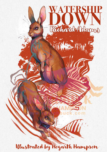 Watership Down mock cover, it shows the rabbit Hazel sitting in a confident pose, and Fiver scuttling underneath him. Red scribbly background.