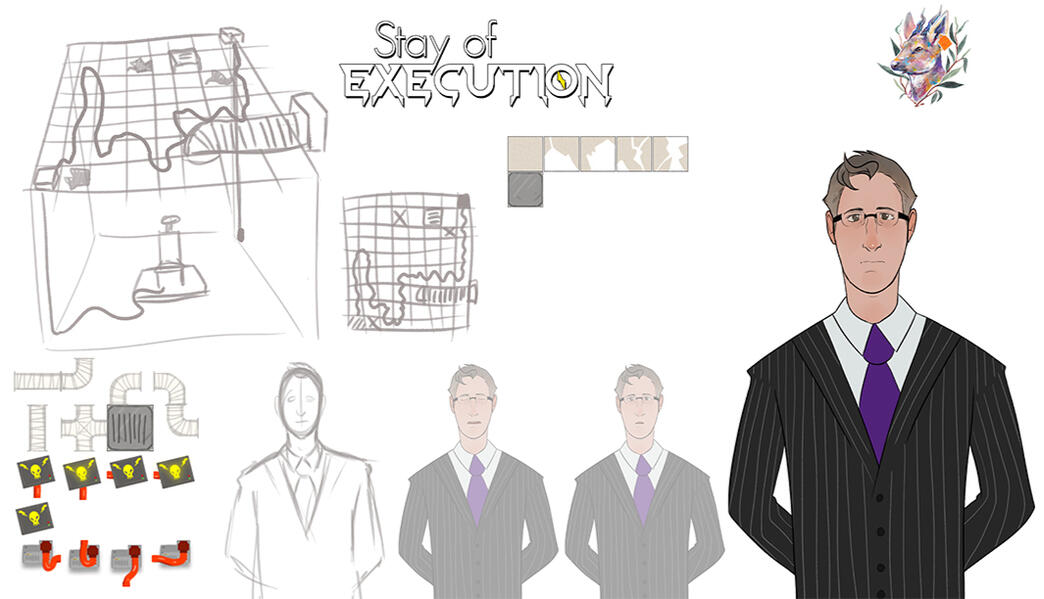 A development sheet for a procedural generated computer game called Stay of Execution. The logo, layout of the game screen, elements, and character design created by Sketchbuck. The design shows the progression of the main human character at the bottom. He