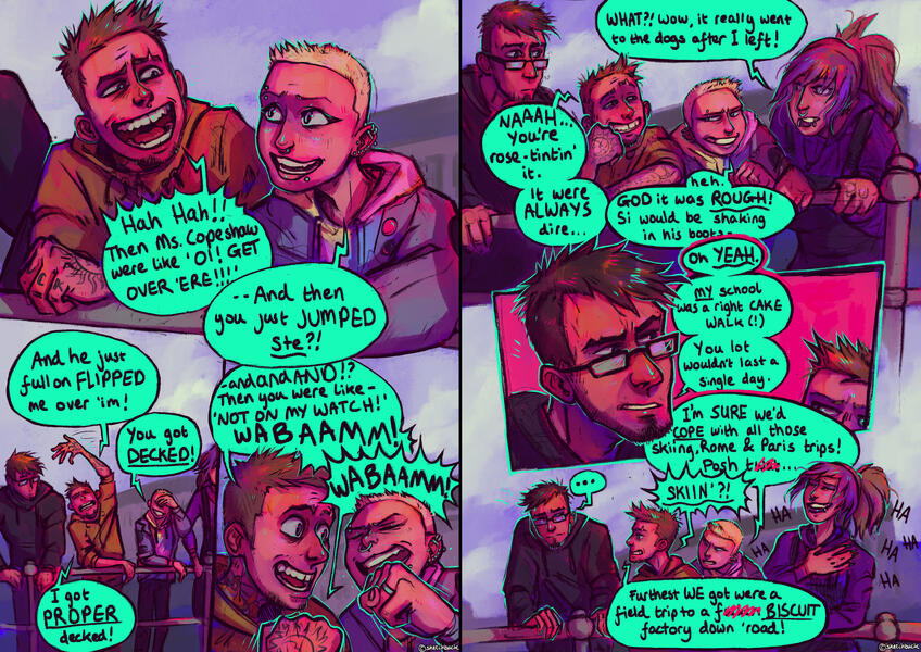 A comic page featuring Simon, Garth, Tabbie and Astrid. They're leaning on a sea promenade railing and having a bit of banter.