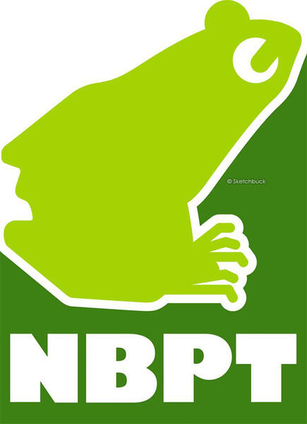 A frog logo design for North Blackpool Pond Trail. The graphic design features a frog resting ontop of NBPT, two shades of green.