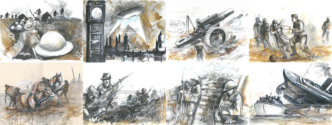 A collection of 8 commemorative designs for the Royal British Legion of important scenes from World War One.