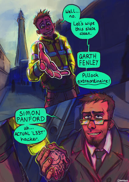 A comic page of Garth and Simon in the middle of dialogue. They both have pale skin, Garth has short, scruffy blonde hair and tattoos, he's wearing a hi-vis jacket. Simon has brown hair styled short back and sides, he wears glasses and has 3 ear piercings.