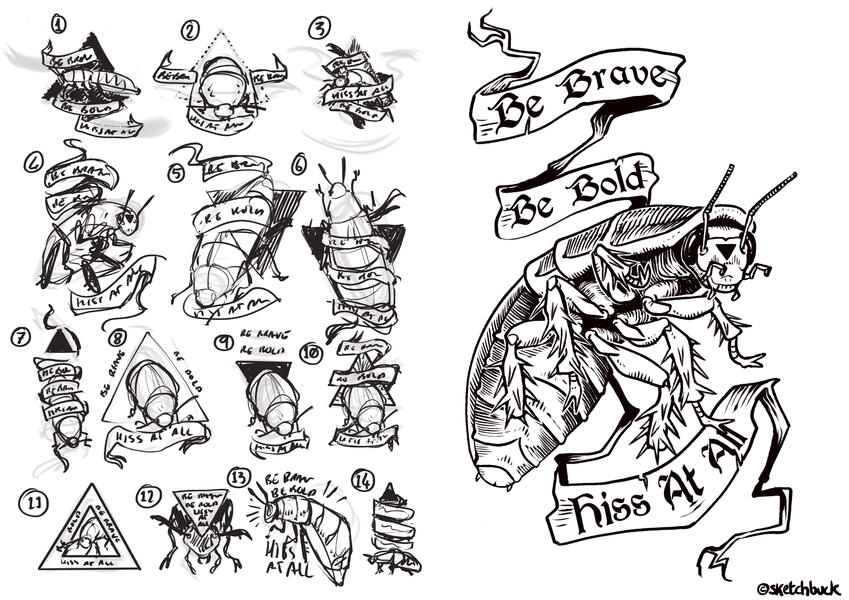 A sketchpage development of a tattoo design of a roach. On the left the ideas, on the right the finished illustration.
