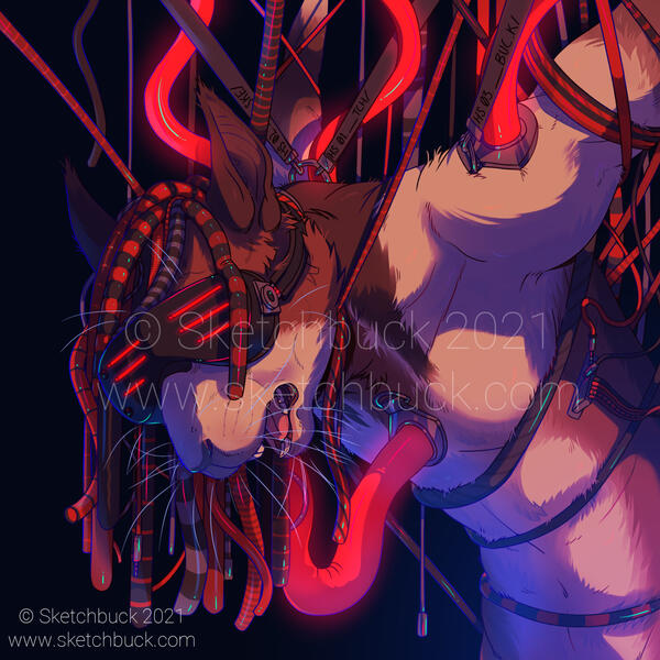 An anthro squirrel is held up by cables and wearing a VR set. The wires are red, black and silver with different patterns. There is a strong blue lighting from underneath.