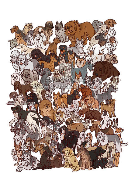 A collection of 101 dog breeds, illustrated in a cartoony style. This piece was created in a 24hr charity art stream which raised £1,700.00gbp for Guide Dogs.